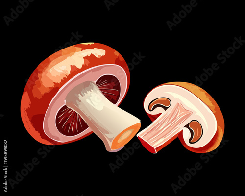 Sliced garnet toadstool for wilderness survival guides and wild forest plant identification posters - Vector Illustration