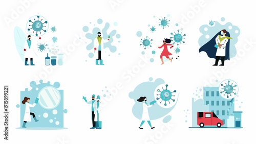 Illustrative depiction of medical workers and virus spread during a pandemic