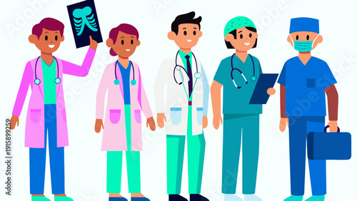 Diverse group of healthcare professionals and medical staff illustrated in a cartoon style