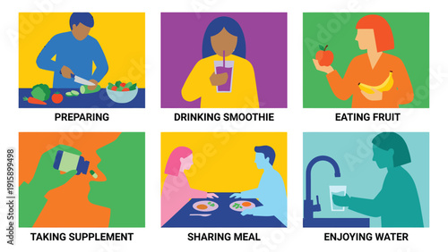 Healthy Habits Illustration Set: Preparing Food, Drinking Smoothies, Eating Fruit, Taking Supplements, Sharing Meals, Enjoying Water