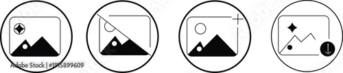 Simple Photo Organizer & File Interaction Outline Icons .image photo album icon set featuring images placeholders for viewing, deleting, adding, and download photo symbol