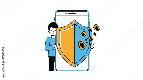 Digital security concept: Man shields smartphone from cyber threats. Mobile antivirus protection, data safety, online privacy illustration.