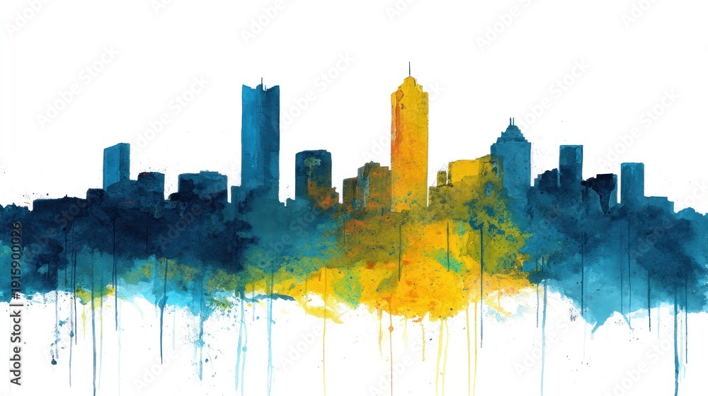 Obraz premium Abstract watercolor skyline illustration featuring buildings and artistic color