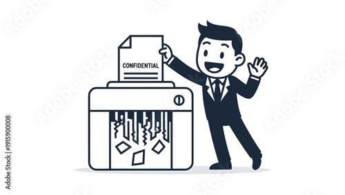 Smiling Businessman Shredding Confidential Document. Data Protection, Privacy, and Information Security Concept Illustration.