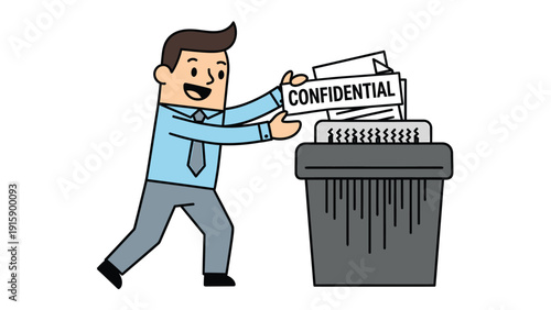 Professional man shredding confidential documents in a paper shredder, emphasizing data security and privacy protection.