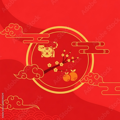 Cat and Plum Blossom Circle with Clouds on Red Autumn Scene