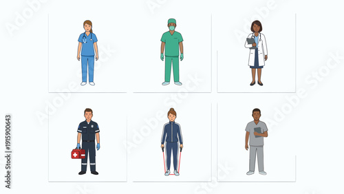 Diverse Healthcare Professionals Flat Design Vector Set: Doctors, Nurses, Paramedics, and Therapists