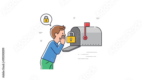 Mailbox Security & Data Privacy. Person looks at locked mail, padlock icon, secure communication concept.