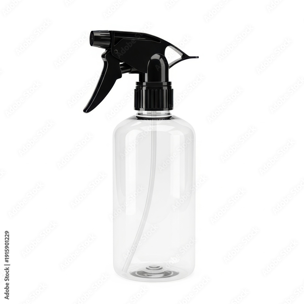 Fototapeta premium A clear spray bottle with a black trigger sprayer on a white background