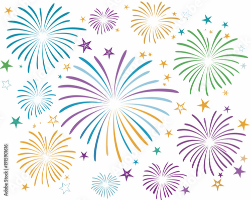 Colorful fireworks display with starbursts and vibrant patterns