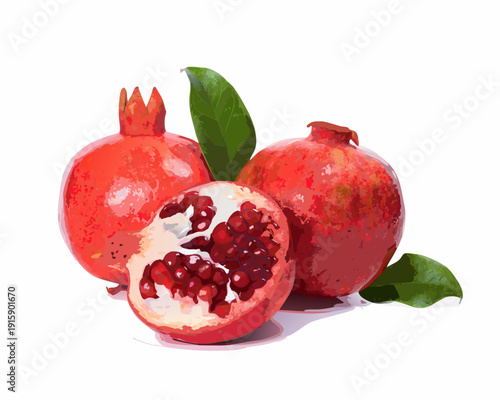 A vibrant illustration of pomegranates including one cut open to reveal seeds