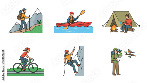 Outdoor Adventure Activities Vector Icons Set. Nature Recreation, Travel & Sport Illustrations
