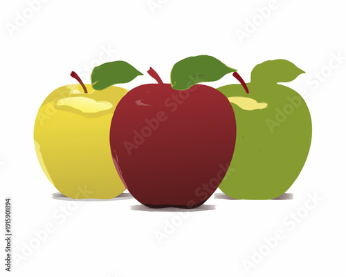 A vibrant still life featuring three ripe apples in differing colors