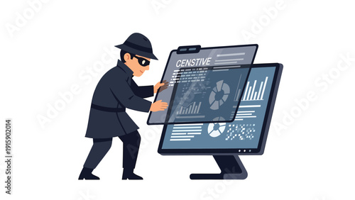 Cybercrime: Hacker Stealing Sensitive Data from Computer Monitor. Digital Security Breach & Information Theft Concept.