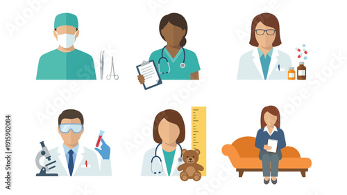 Healthcare Professional Avatars Set: Doctors, Nurses, Scientists, Pharmacists, Therapists, Pediatricians Flat Icons