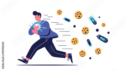 Man running with secure data, escaping digital cookies and tracking. Online privacy and data protection concept.