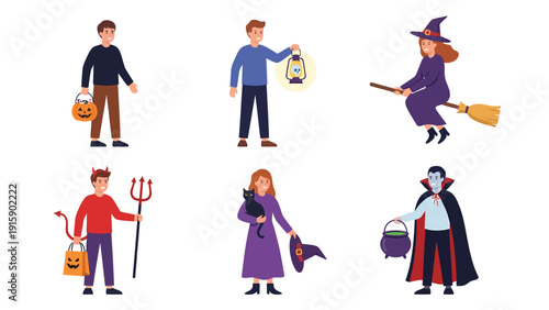 Halloween Characters Set with Costumes: Witch, Vampire, Devil, and Trick-or-Treaters