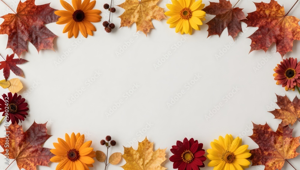 Obraz premium Colorful autumn frame with leaves and flowers on white background creating a border