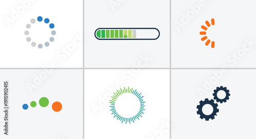 Grid of six animated loading and progress indicator icons featuring circular and bar designs in various colors.
