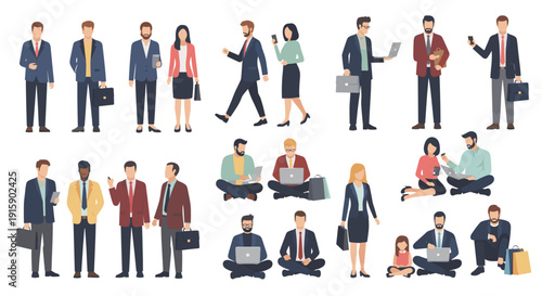 Collection of flat design character illustrations depicting business people, men and women, in various work poses.