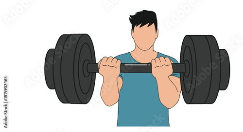 A faceless man with dark hair performs bicep curls using a heavy barbell on a plain white background.