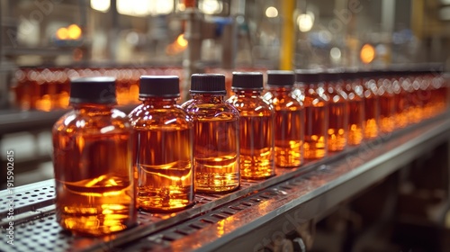 Amber liquid bottles move along a conveyor belt in a manufacturing facility