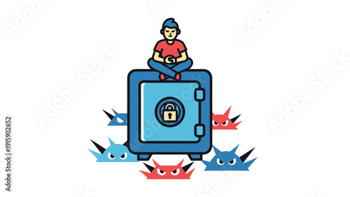Cybersecurity concept: Person protecting data in a safe from digital threats and malware monsters.