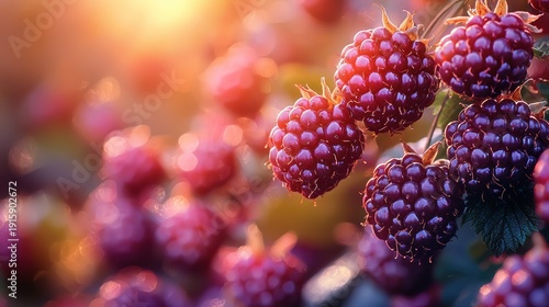 Close-up image of ripe, juicy, dark red berries bathed in warm, golden sunlight, on a branch