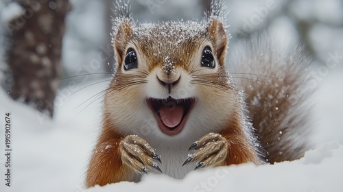 A close-up of a smiling squirrel with snow on its fur and surroundings, expressing joy