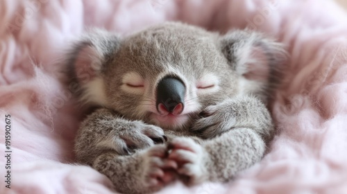 A baby koala rests peacefully, nestled in soft pink fur, eyes closed, exhibiting serenity and comfort