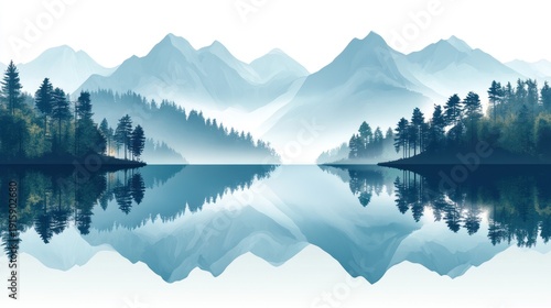 Scenic illustration depicting a serene lake with layered mountains, trees, and their mirrored reflection