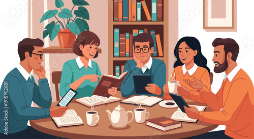 A diverse group of five adults sits around a round table, reading books and tablets, with coffee and a bookshelf.