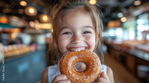 Adorable little girl joyfully biting into a glazed doughnut, with a warm restaurant ambiance