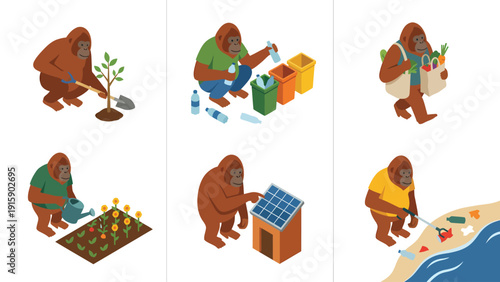 Orangutan Eco-Friendly Actions Isometric Set: Conservation, Recycling, Planting, Solar, Cleaning, Sustainable Living