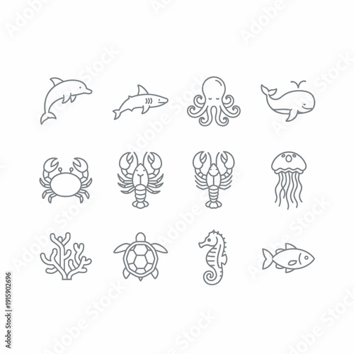 Collection of Marine Life Icons Featuring a Dolphin, Shark, Octopus, Whale, Crab, Lobster, Jellyfish, Coral, Turtle, Seahorse, and Fish
