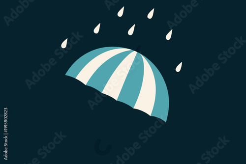 A striped umbrella protects from falling raindrops on a teal background