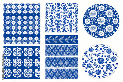 Collection of blue and white porcelain patterns on various shapes