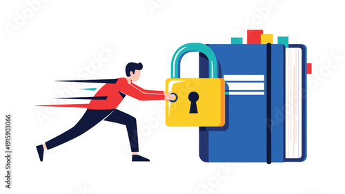 Information Security & Data Protection Concept: Man locking sensitive data in a book with a padlock for privacy