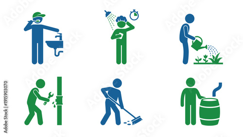 Water Conservation & Daily Habits Icons: Saving Water, Maintenance & Eco-Friendly Practices
