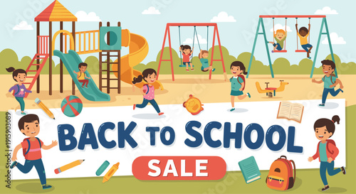 Group of happy children playing on a colorful outdoor playground with a 'Back to School Sale' banner.
