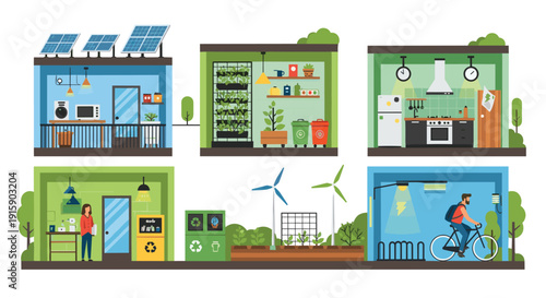 Different scenes show sustainable lifestyle practices: solar panels, vertical garden, recycling, wind turbines, and eco transport.