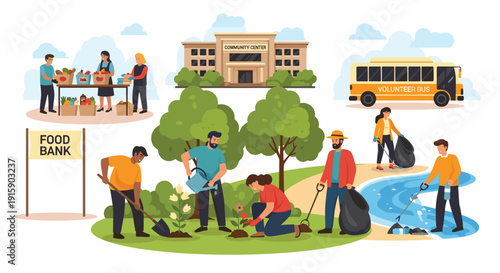 Community volunteers participate in diverse activities: food bank support, planting trees, river clean-up, public service.