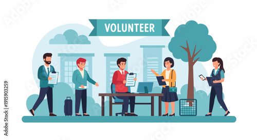 People register at a volunteer desk with organizers for community service in an outdoor urban setting.