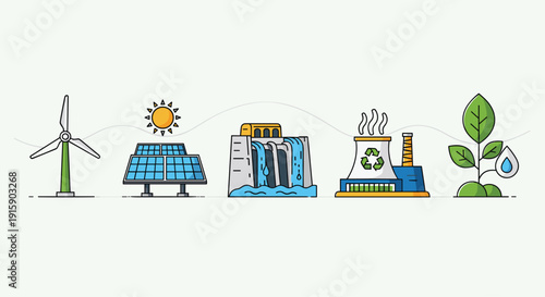 Renewable energy icons showcase wind turbine, solar panels, hydroelectric dam, power plant, and a green plant.