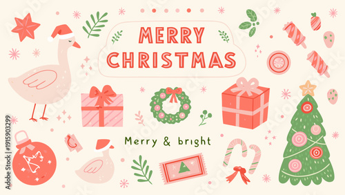 Festive christmas illustration with goose gifts and holiday decorations