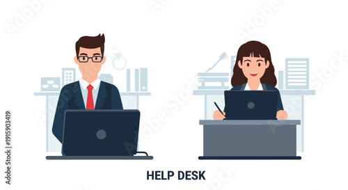 Man and woman professionals working on laptops at separate help desk stations in an office environment.
