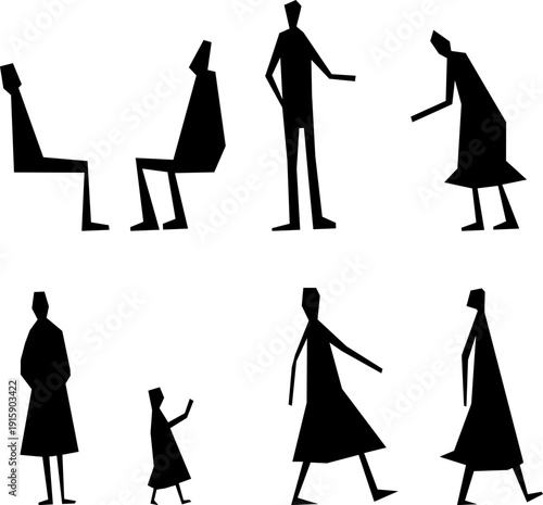 Modern Abstract People Silhouette Illustration Set Featuring Standing, Sitting, Walking, Pointing, and Expressive Body Language Poses