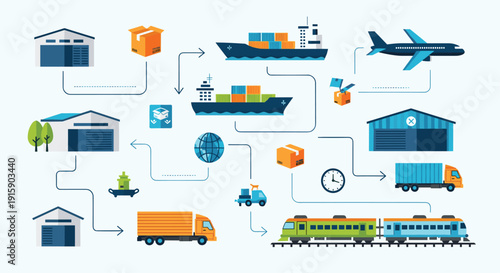 Global supply chain logistics network showing warehouses, ships, planes, trucks, and trains for product delivery.