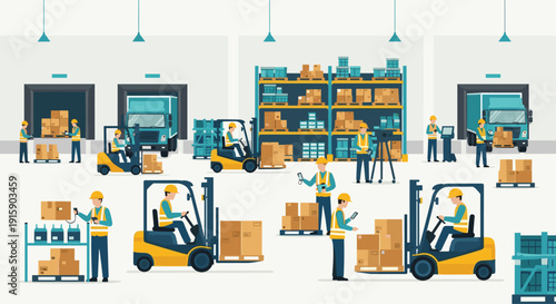 Multiple workers operating forklifts, scanning barcodes, and moving boxes in a large, busy warehouse environment.