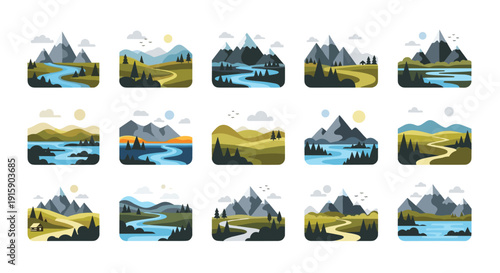 A large collection of fifteen distinct framed landscape illustrations featuring mountains, rivers, trees, and winding paths.